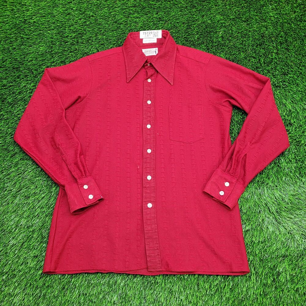 Vintage 70s Disco Hippie Button Shirt M/L 21x29 Red Textured